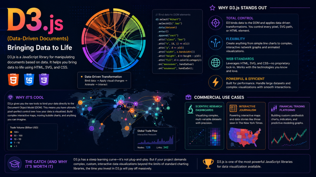 D3.js (Data-Driven Documents) is a JavaScript library for manipulating documents based on data