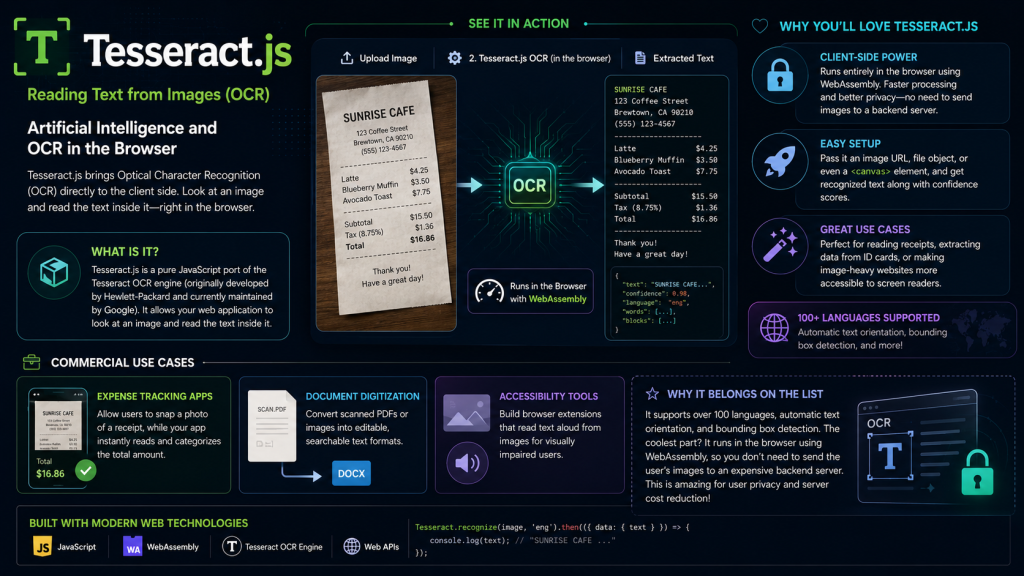 Tesseract.js is a pure JavaScript port of the popular Tesseract OCR engine (originally developed by Hewlett-Packard and currently maintained by Google). It allows your web application to look at an image and read the text inside it.