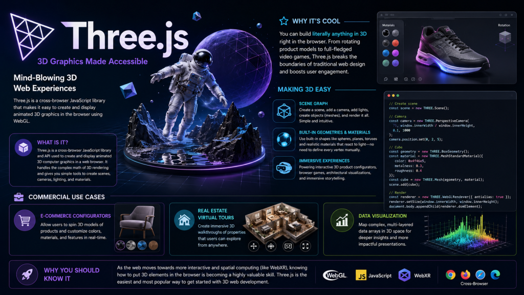 Three.js is a cross-browser JavaScript library and API used to create and display animated 3D computer graphics in a web browser. 